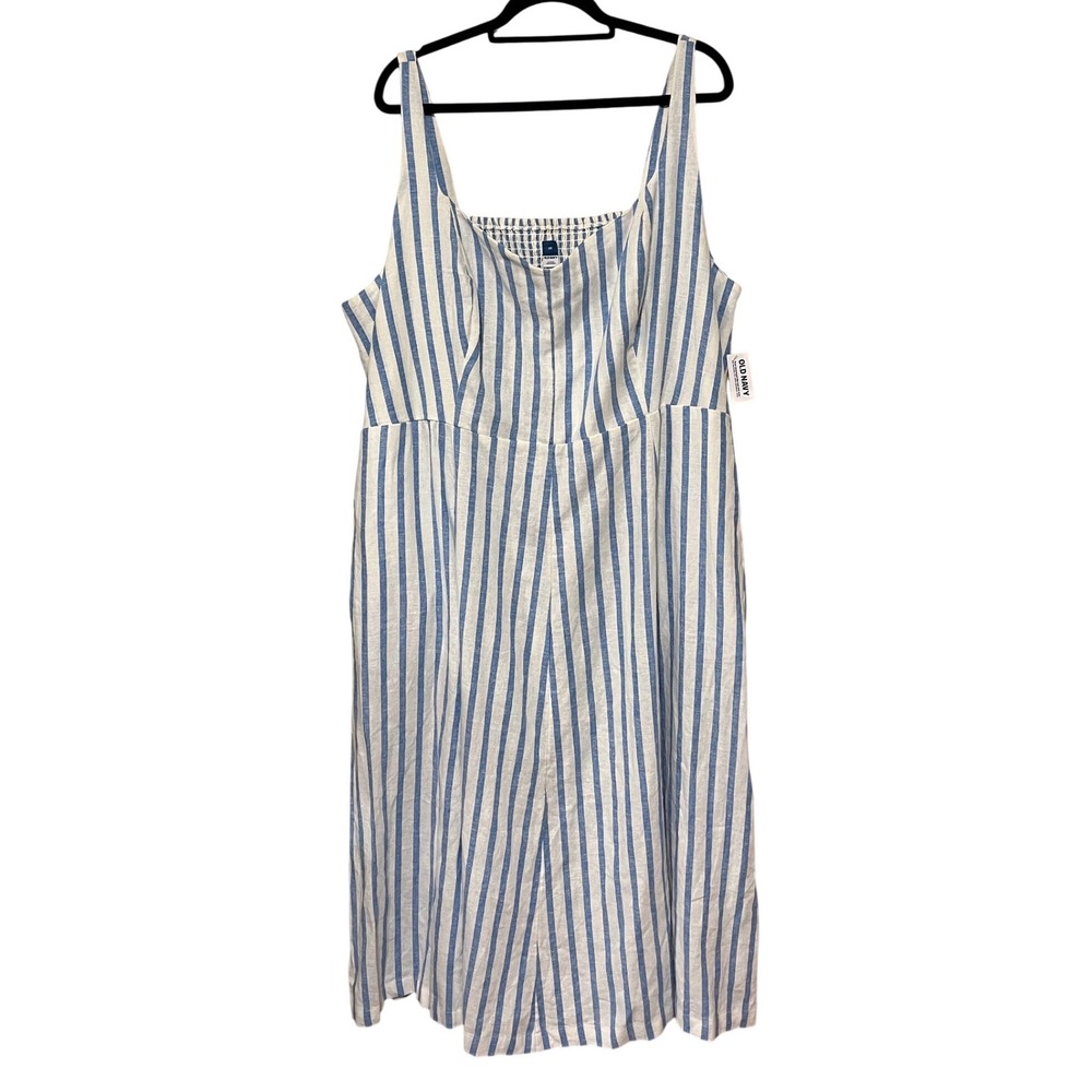 NWT Old Navy Plus Size 3X Linen Blend Smocked Striped Midi Dress Coastal Cottage